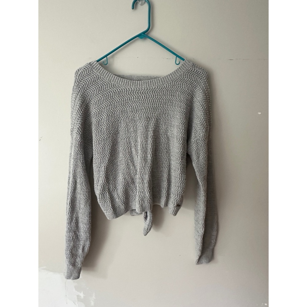 Hollister Women Gray Open Back Tie Knot Cropped Sweater XS Long Sleeve Textured